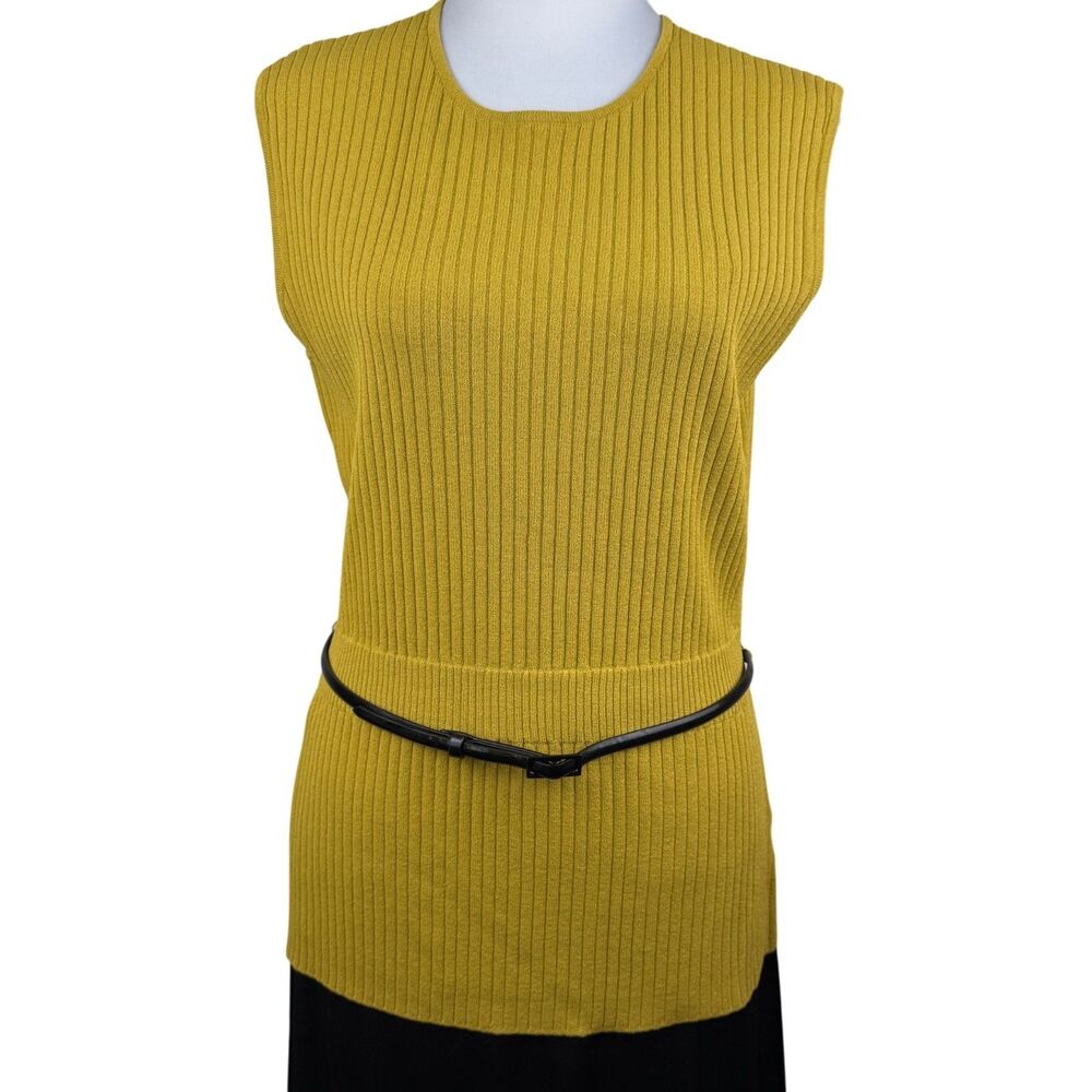 Jones New York Collection Sz M Ribbed Belted Top Mustard Rayon Nylon Round Neck